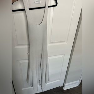 White midi dress, asymmetrical hem line